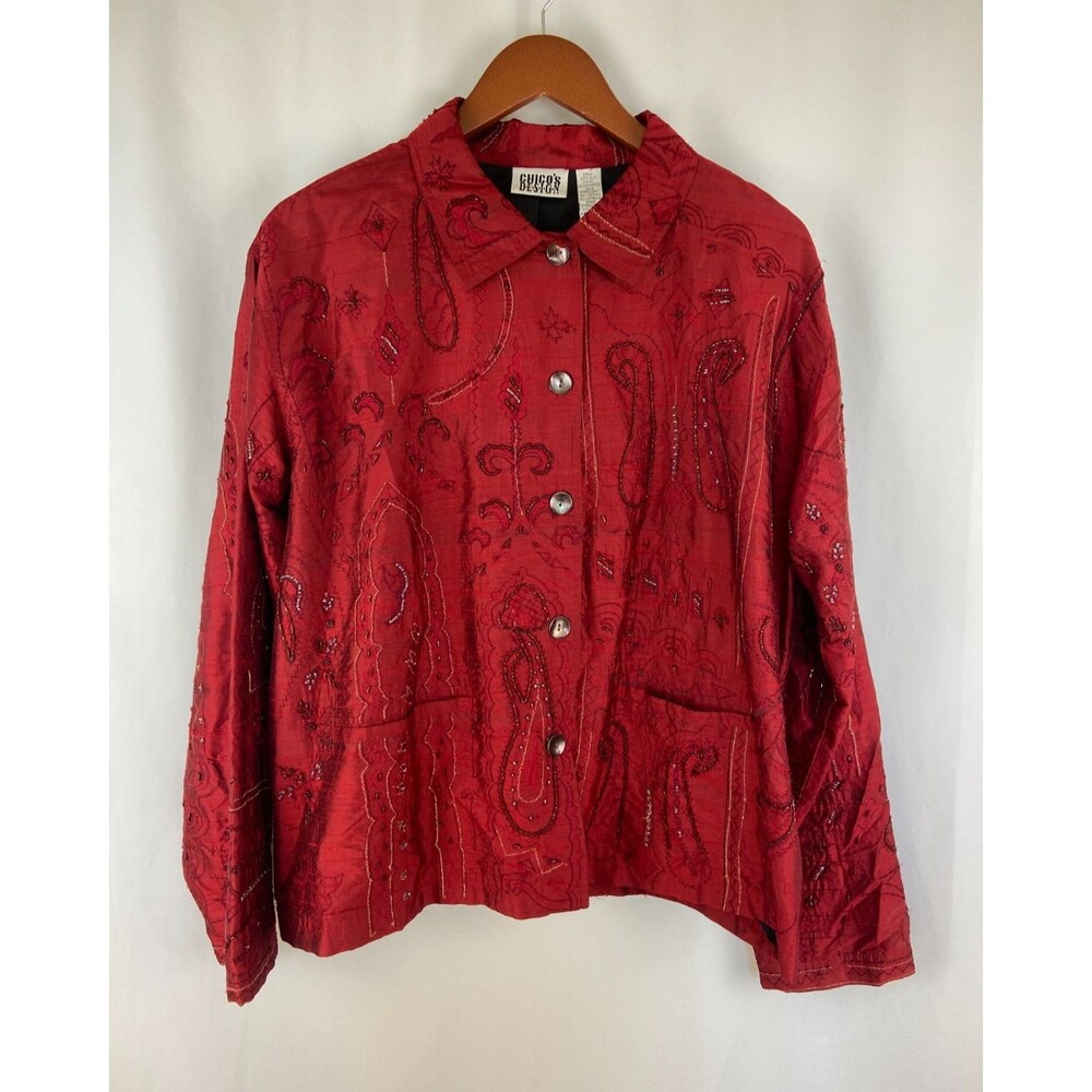 VTG Chico's XL Size 3 Red Silk Beaded Embroidered Jacket Button Up Paisley 90s